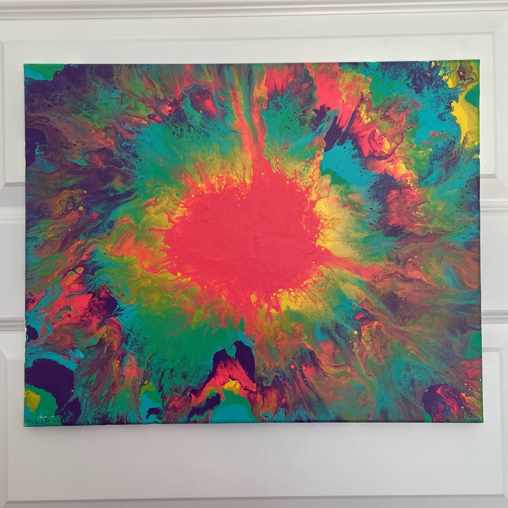 🎉🌈 ORIGINAL PAINTING 16”x20” Rainbow Tie Dye Coral Yellow Green Blue Purple